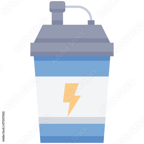 Blue protein shaker bottle with lightning bolt design for energy drinks.