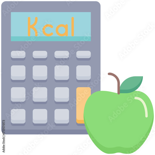 Calculator with Kcal on the screen and a green apple next to it.