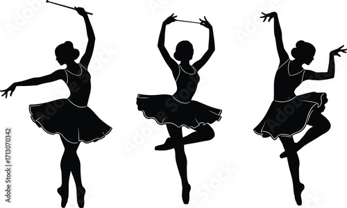 Ballerina silhouette illustration, tutu dance poses, expressive ballet movement, baton prop, graceful figure sketch, black vector, classical style, motion art