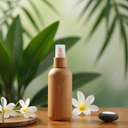 Wooden Spray Bottle with Tropical Leaves and Blooming Flowers in Spa Setting