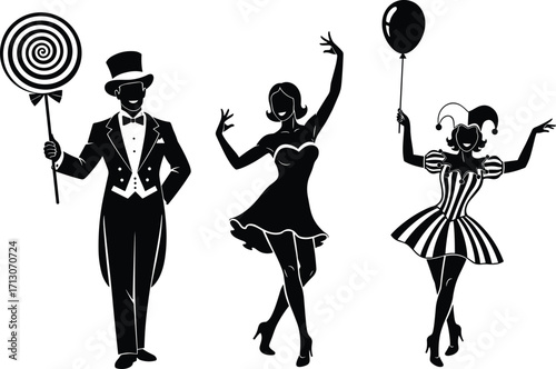 Carnival costume silhouettes, theatrical character illustration, showman, dancer, jester pose, whimsical fashion art, black vector, performance style, playful concept