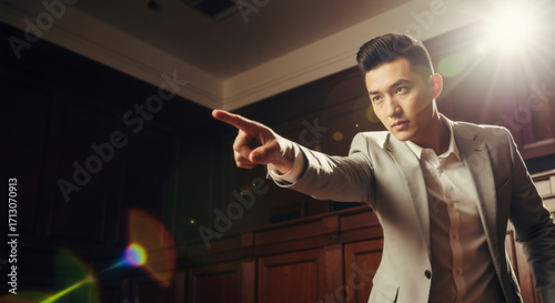 Assertive Asian lawyer pointing his finger in a courtroom. Determined businessman making a point during a formal proceeding. Copy space for text.