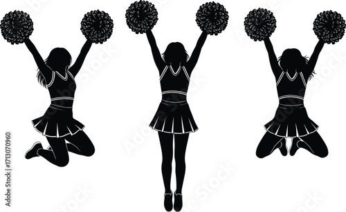 Cheerleader silhouette illustration, mid-air jump pose, pom-pom action, dynamic movement, synchronized cheer routine, sports fashion sketch, black vector, energetic art