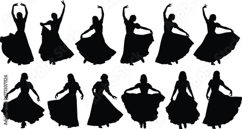 Dancer silhouette illustration, flowing dress poses, expressive movement art, classical dance style, fashion gesture sketch, black vector, elegant motion study