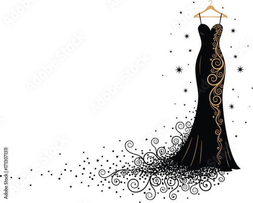 Elegant black evening gown, gold ornamental design, artistic fashion illustration, dramatic flare, luxury dress, couture style, sparkle detail, hanging display