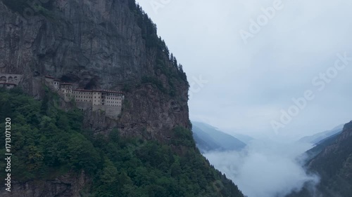 Aerial Drone View of Sumela Monastery in the Misty Mountains of Trabzon, Turkey