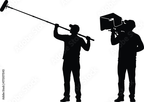 Film crew silhouette, boom mic operator, camera operator, video production, behind-the-scenes, media team, sound recording, filmmaking concept