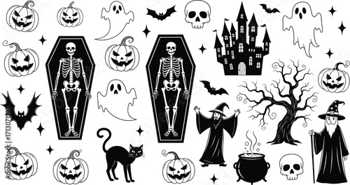 Halloween silhouette illustration, haunted castle, skeletons in coffins, wizards, ghosts, pumpkins, bats, spooky tree, cauldron, skulls, black cat