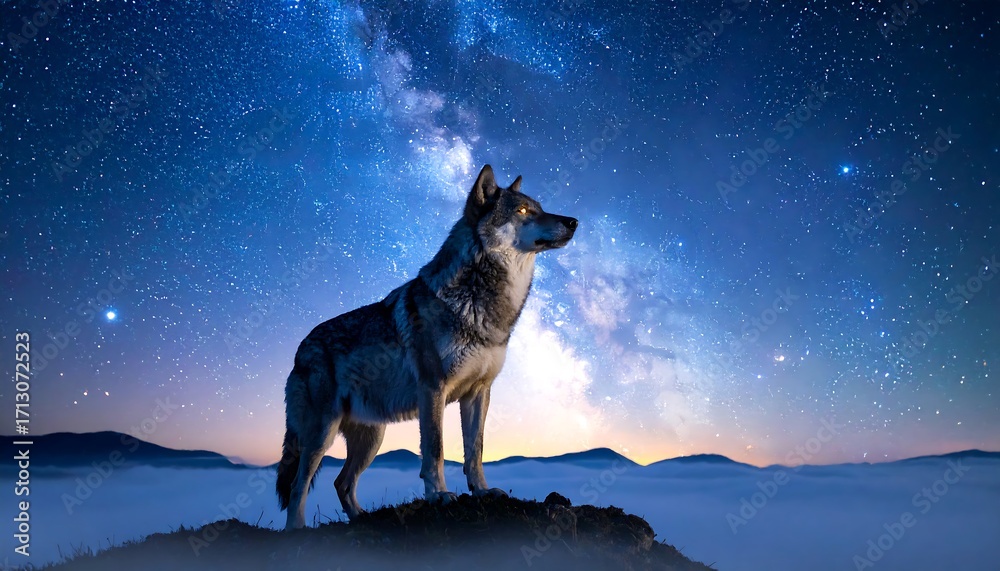Naklejka premium Wolf standing on a mountaintop under a night sky with Milky Way