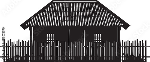 Rustic Countryside House Silhouette with Wooden Fence