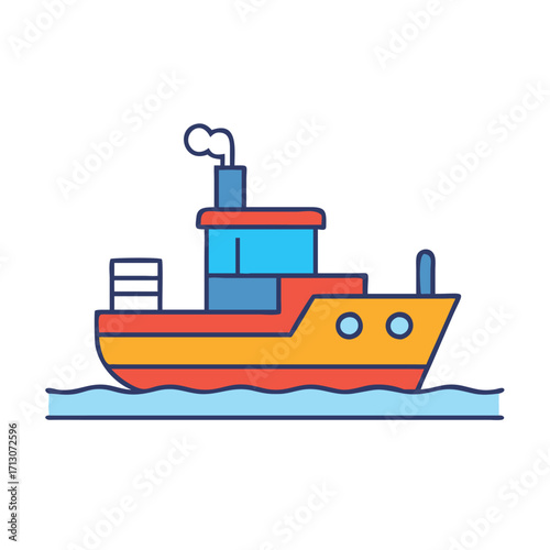 Cartoon boat illustration vector graphic of a tugboat ship on the sea water for children's book