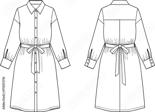 Technical fashion drawing, shirt dress design, button-down garment, waist tie belt, long sleeves, collar detail, sewing pattern, front and back view