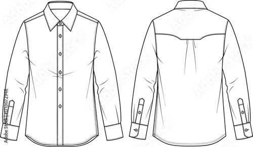 Technical flat sketch, long sleeve shirt, front and back view, button-up design, fashion template, garment construction, apparel design