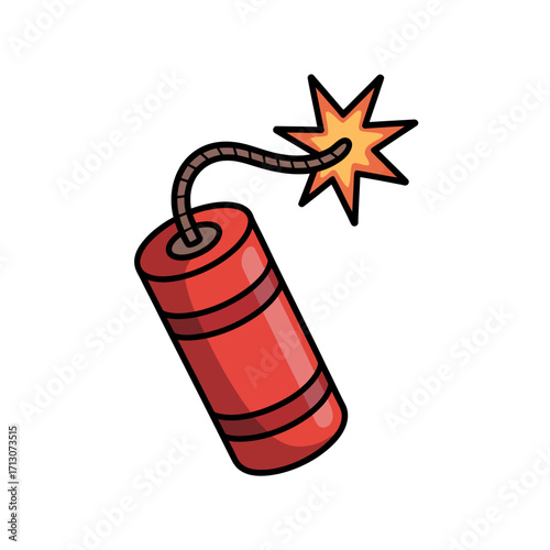 Cartoon Dynamite Stick with Lit Fuse and Explosive Burst Ready to Detonate Isolated on White Background Illustration
