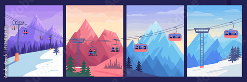 Scenic Mountain Landscapes with Ski Lifts Winter Adventure Travel and Outdoor Recreation in Vector Illustration Style Set