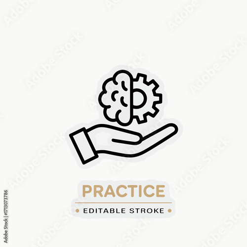Conceptual icon depicting brain and gear on hand emphasizing practice and skill development mental training and learning techniques