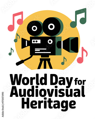 Celebrate World Day for Audiovisual Heritage with Classic Camera Icon and Musical Notes Promoting Film Preservation and Cinematic History