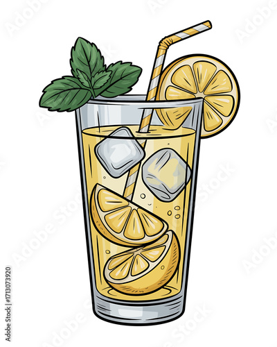 Refreshing Lemonade Illustration with Ice Cubes and Mint Leaves for a Summer Drink Concept and Refreshment Themes