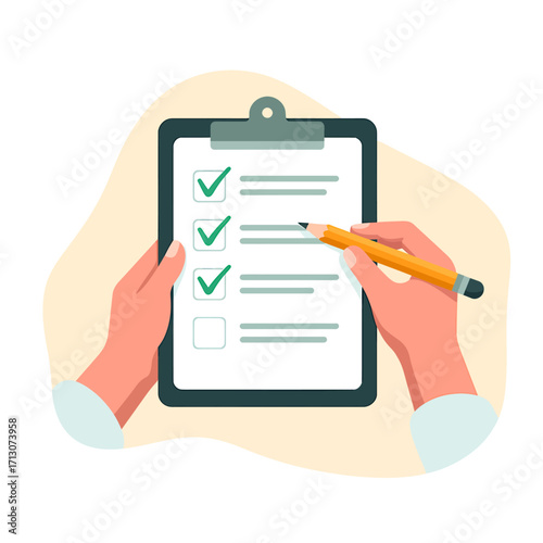 Hands completing checklist on clipboard with pencil task management and progress tracking illustration for business planning and to do list