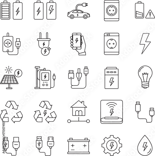 Electric car line web icons. Battery, charging station, Plug-in, Solar panel, ecology, Service, Vector illustration