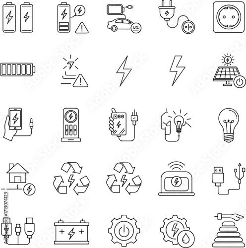 Electric vehicle or transport web icons in line style editable stroke. Electric car, battery, charging station, solar panel, range, plug, collection. 
