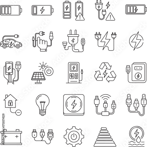 Electricity icon set. Containing energy, power, voltage, current, plug, battery, electrician, socket and more.