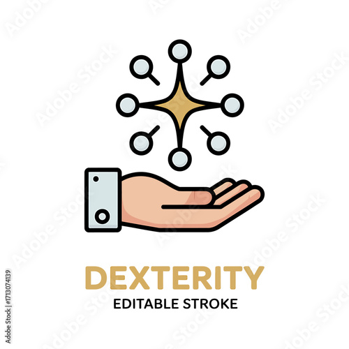 Hand Holding Abstract Molecule Icon Representing Dexterity and Skill with Editable Stroke Design Concept for Technology or Medical Field