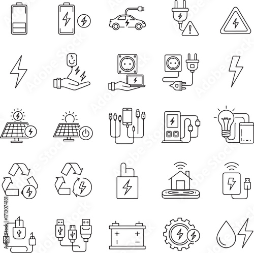 Electro Car web icons in line style. Logistic, electrical, charger, charging station, battery, eco transport ,collection. 
