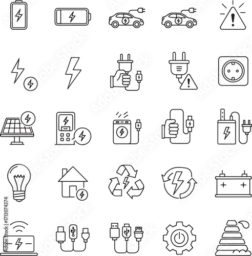 Charging Web Icon Set in Line Style. Collection of Electricity Linear Icons, Including wireless charging, charge, energy, socket, battery, charging station, ev, electric car and More. 
