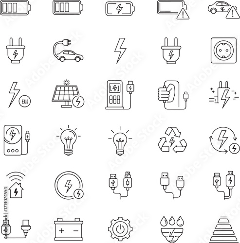 Electric vehicle or transport web icons in line style editable stroke. Electric car, battery, charging station, solar panel, range, plug, collection.