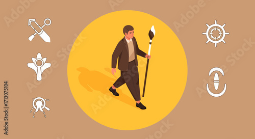 Man in Suit Holding Staff Against Abstract Symbols Background