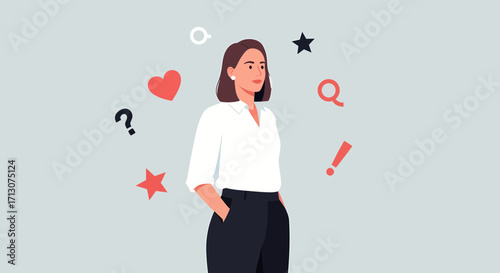 Woman Surrounded by Symbols of Ideas, Questions, and Emotions