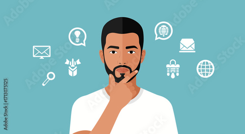 Thoughtful Man with Ideas and Communication Icons Floating Around