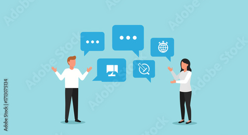 Diverse people communicating with various digital icons in speech bubbles