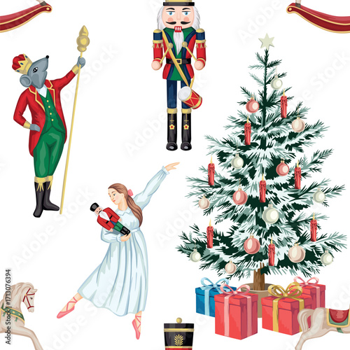 Nutcracker, ballerina, mouse king, Christmas tree, rocking horse, presents seamless pattern. Merry Christmas, New Year wallpaper.