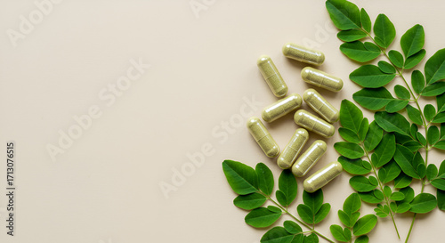 Natural Herbal Supplements – Moringa Leaves and capsules