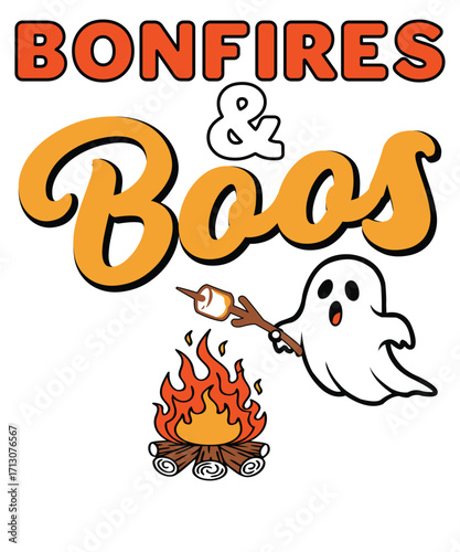 Ghost roasting marshmallow over campfire with text Bonfires and Boos t shirt design