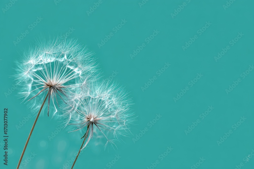 Fototapeta premium Two dandelion seed heads, soft white, against a teal background