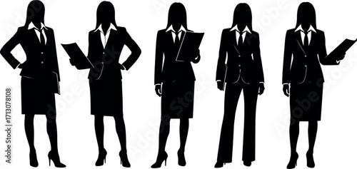 Businesswomen silhouettes in formal office attire holding documents, standing confidently, representing corporate professionalism, leadership, teamwork, and workplace diversity illustration