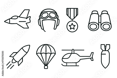 Military aviation icons set with jet, helicopter, and medal on transparent background  