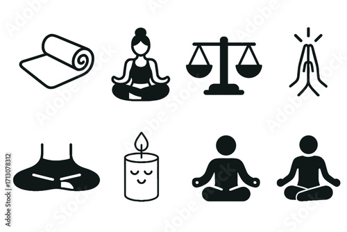 Yoga icon set with meditation poses and wellness symbols on transparent background  