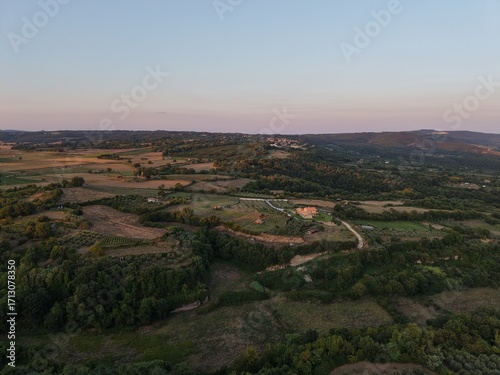 Aerial view of rolling countryside near Lake Bolsena at sunset