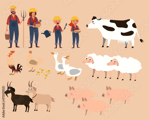 Farming design elements with human, cattle, and poultry icons