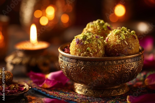 Golden ladoos with pistachio in ornate festive bowl