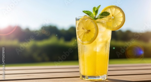 Sun-Kissed Iced Lemonade Glistening on a Patio with Bright Lens Flare