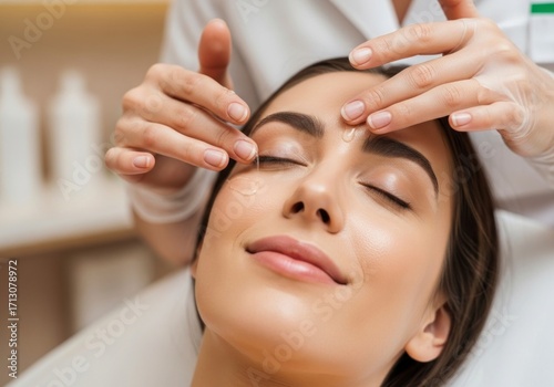 Serene Woman Receiving a Gentle Forehead and Brow Massage from a Beautician in a Spa.