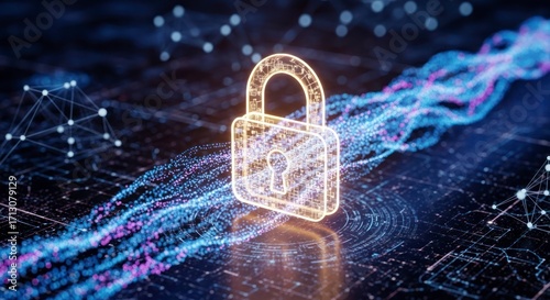 Golden Digital Padlock Securing a Luminous Blue Data Stream in Cyberspace.