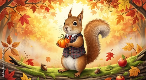 Autumnal Squirrel with Pumpkin.