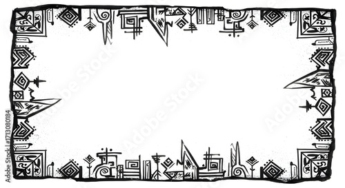 Unique black and white abstract border design with tribal geometric patterns and artistic flair