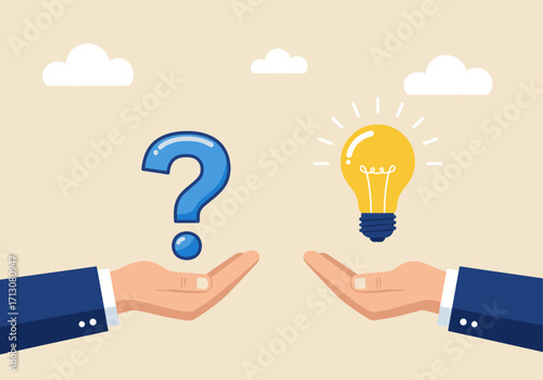 Question and answer concept with hands holding question mark and light bulb.